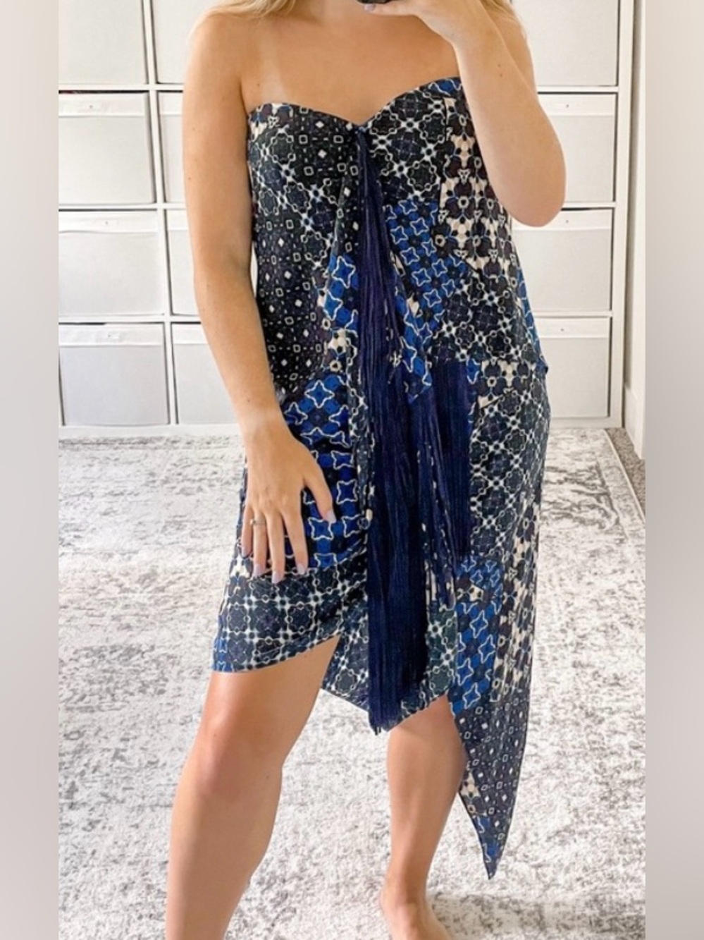 BCBGMaxAzria Strapless Dress Blue Multi-Print Asymmetrical Fringe Dress Size 8